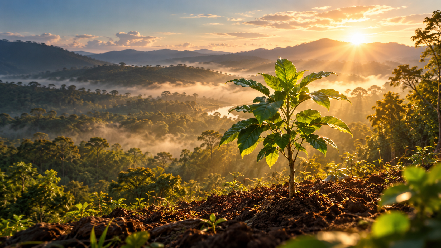 Paisagem de mata com uma muda em primeiro plano, luz de manhã