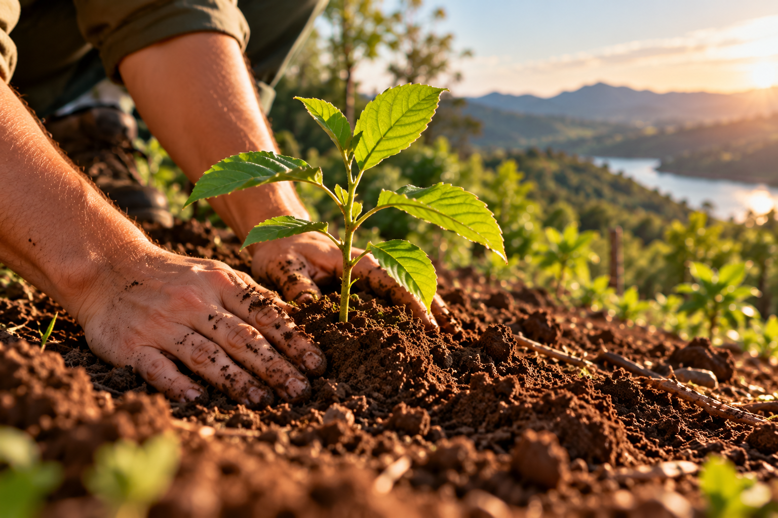 Close da muda na terra, recém-plantada