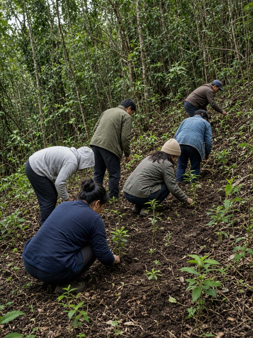Grupo plantando dentro de uma área marcada no mapa