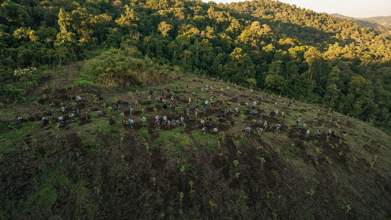 Pessoas plantando mudas numa área combinada, vistas de cima