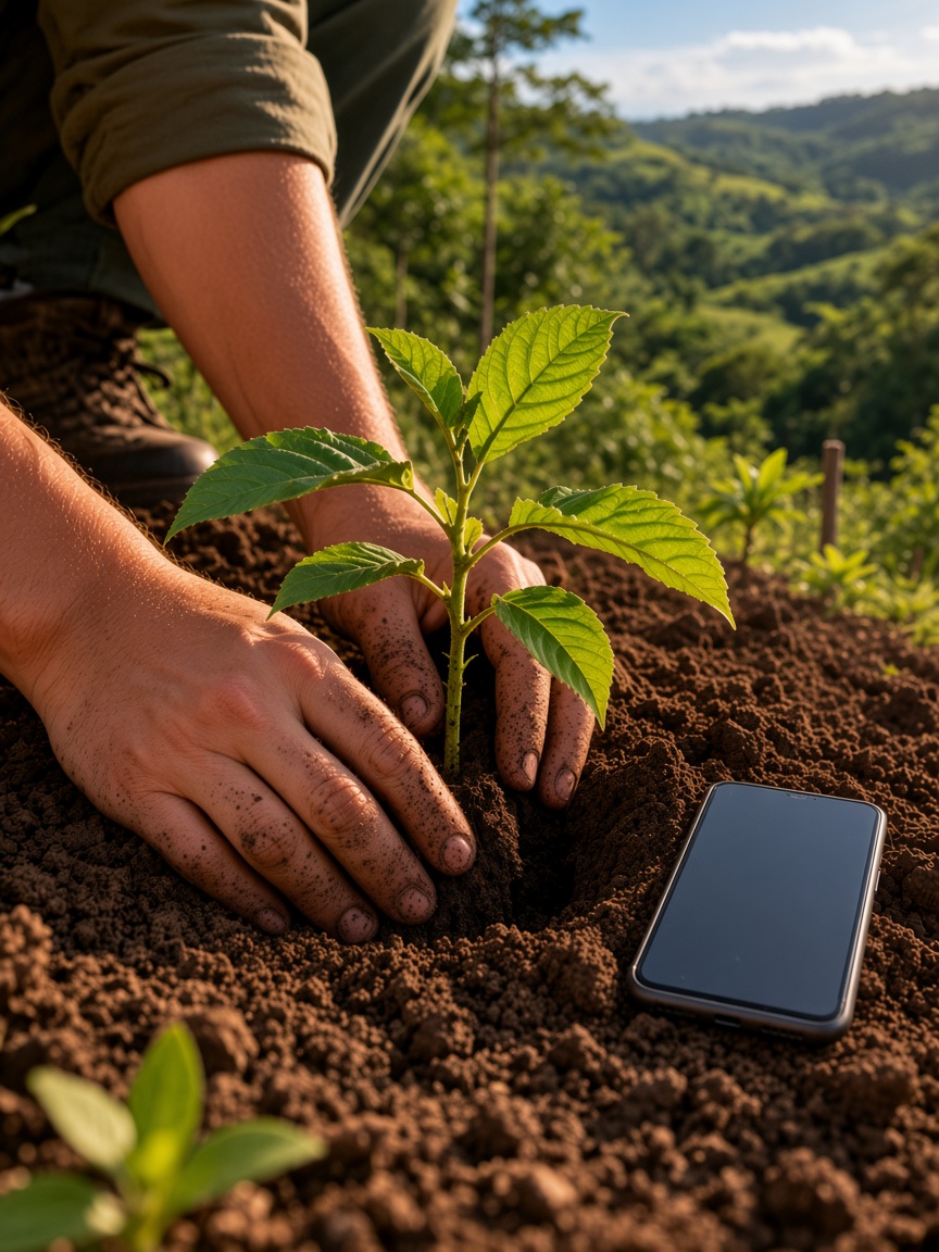 Pessoa ajoelhada plantando, com o celular ao lado registrando o lugar